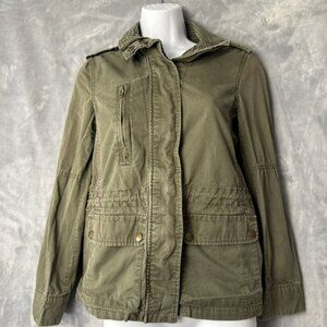 Love Tree‎ Women's Small Army Green Cotton Jacket Pockets Full Zip Snaps Flaws